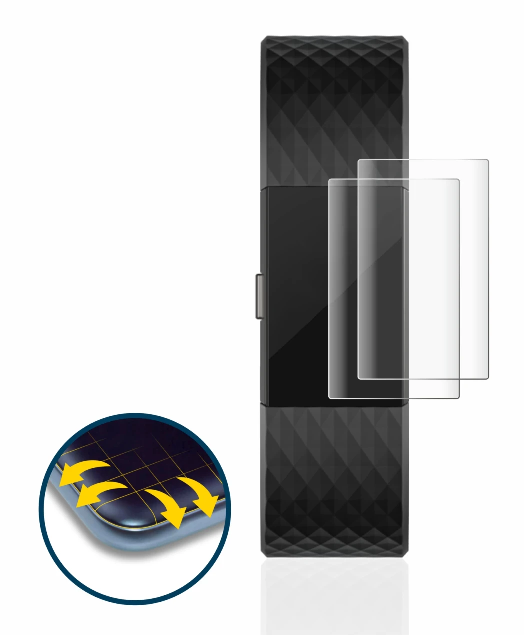 Abbildung des Geräts Fitbit Charge 2 mit einer Vielzahl des Displayschutzes.