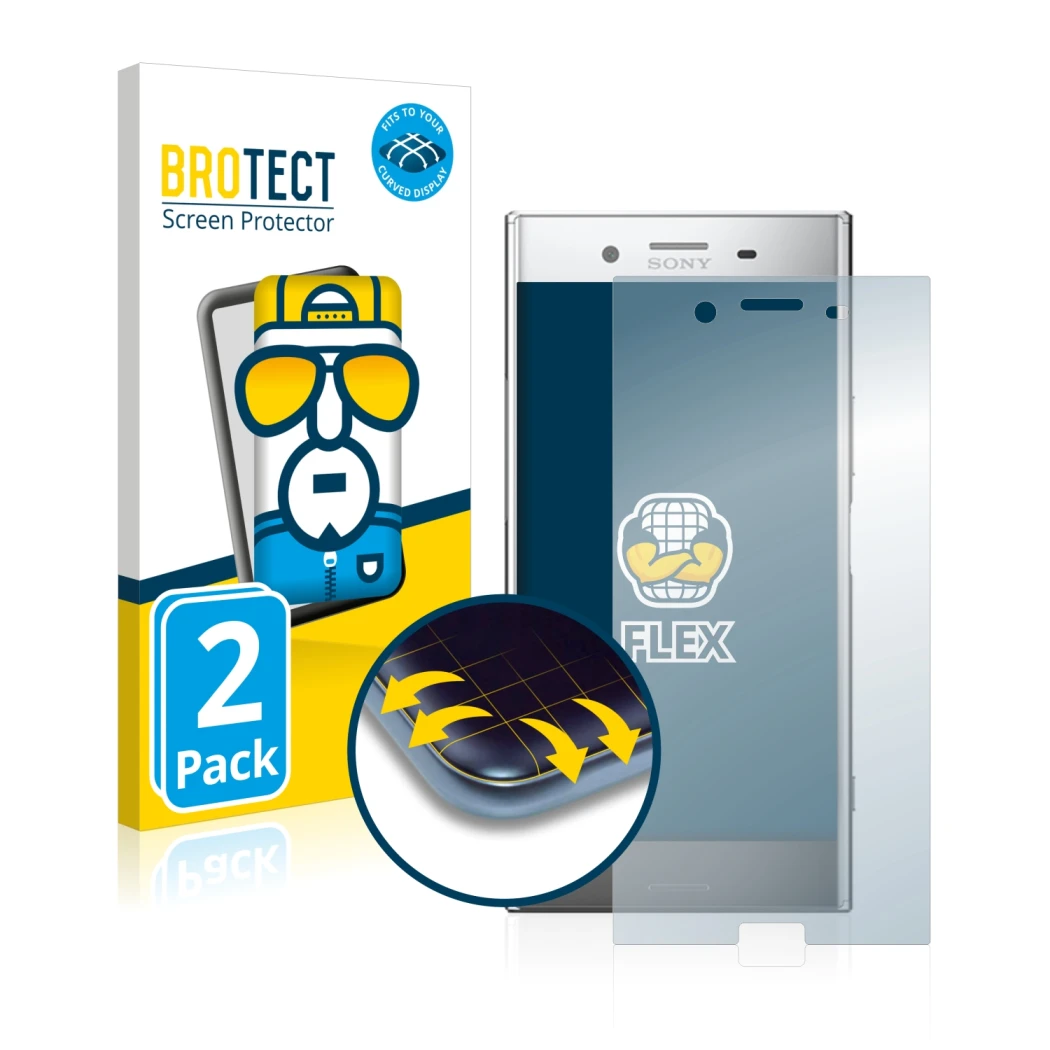 Vorderseite einer Produktverpackung mit dem Markenlogo BROTECT. Daneben ist das Gerät Sony Xperia XZ Premium mit dem zugehörig