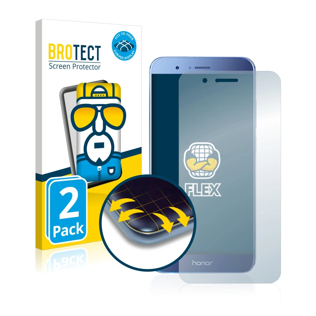 Vorderseite einer Produktverpackung mit dem Markenlogo BROTECT. Daneben ist das Gerät Honor 8 Pro mit dem zugehörigen Displays