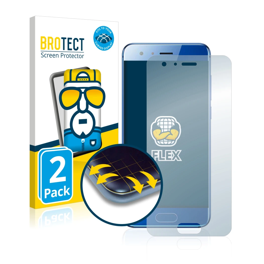 Vorderseite einer Produktverpackung mit dem Markenlogo BROTECT. Daneben ist das Gerät Honor 9 mit dem zugehörigen Displayschut