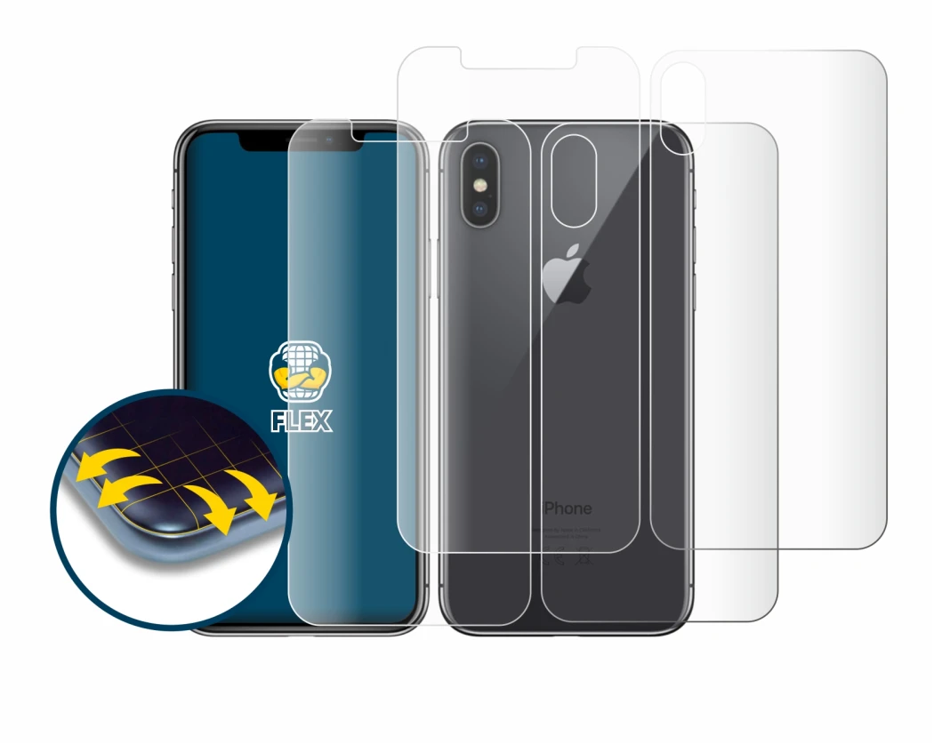 Abbildung des Geräts Apple iPhone X (Display+Rückseite) mit einer Vielzahl des Displayschutzes.