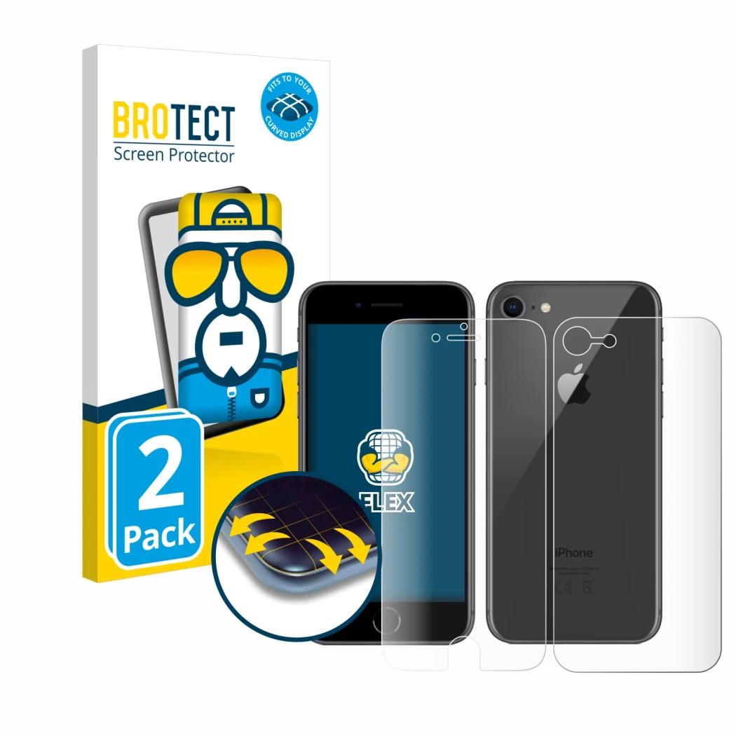 Vorderseite einer Produktverpackung mit dem Markenlogo BROTECT. Daneben ist das Gerät Apple iPhone 8 (Display+Rückseite) mit d