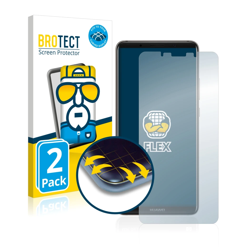 Vorderseite einer Produktverpackung mit dem Markenlogo BROTECT. Daneben ist das Gerät Huawei Mate 10 Pro mit dem zugehörigen D
