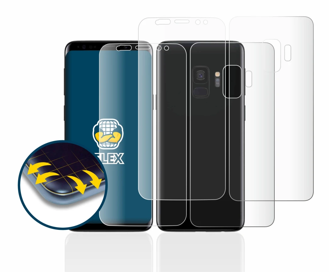 Abbildung des Geräts Samsung Galaxy S9 (Display+Rückseite) mit einer Vielzahl des Displayschutzes.