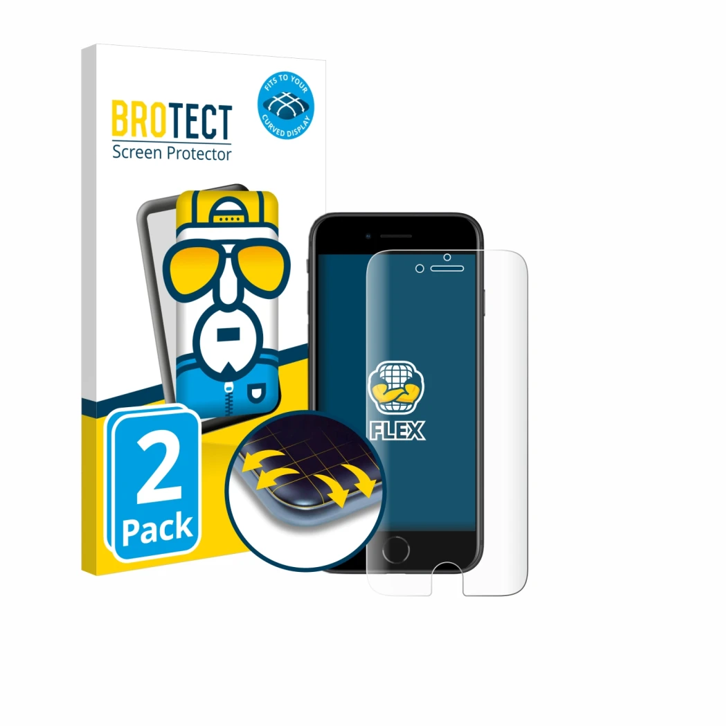 Vorderseite einer Produktverpackung mit dem Markenlogo BROTECT. Daneben ist das Gerät Apple iPhone SE 2 2020 mit dem zugehörig