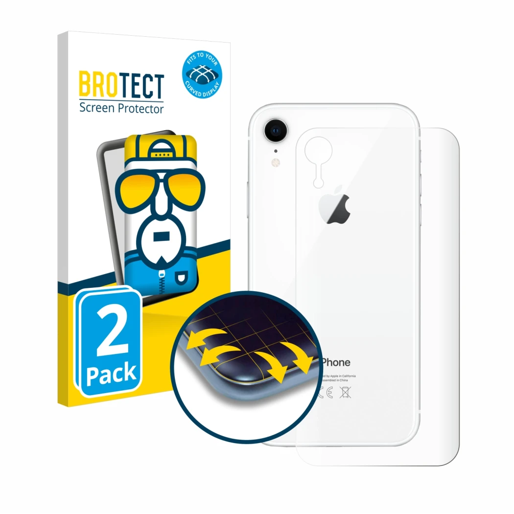 Vorderseite einer Produktverpackung mit dem Markenlogo BROTECT. Daneben ist das Gerät Apple iPhone XR (Rückseite) mit dem zuge