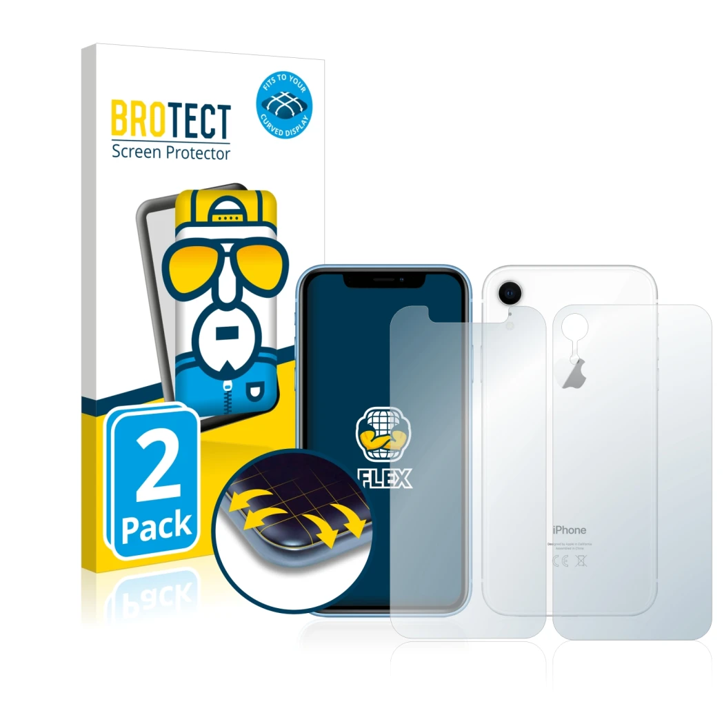 Vorderseite einer Produktverpackung mit dem Markenlogo BROTECT. Daneben ist das Gerät Apple iPhone XR (Display+Rückseite) mit 