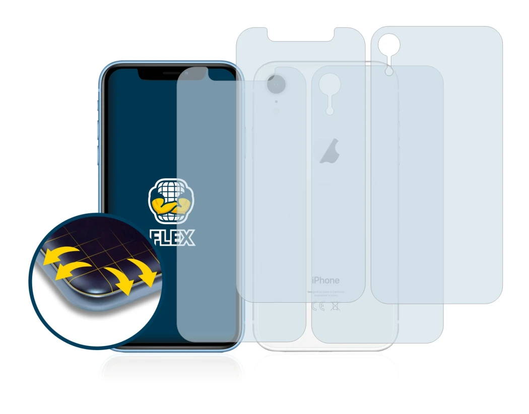 Abbildung des Geräts Apple iPhone XR (Display+Rückseite) mit einer Vielzahl des Displayschutzes.