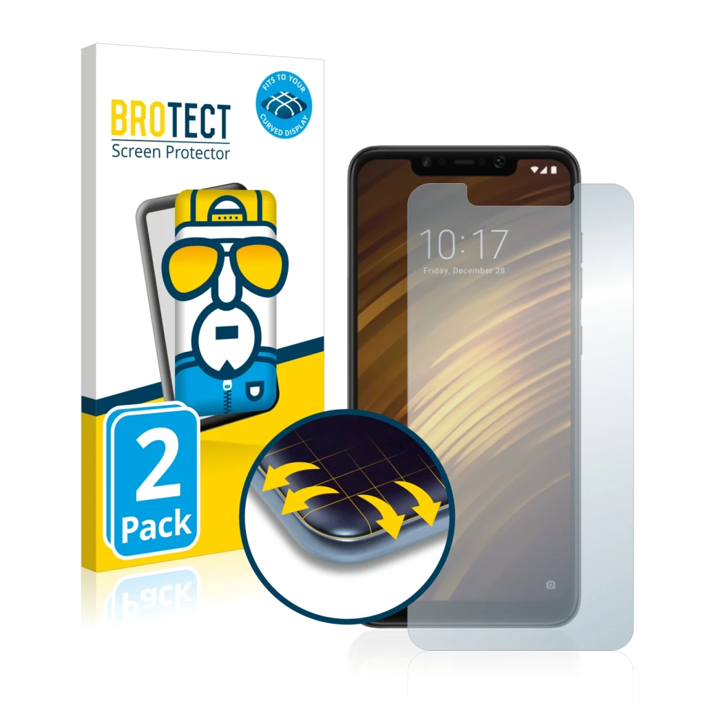 Vorderseite einer Produktverpackung mit dem Markenlogo BROTECT. Daneben ist das Gerät Xiaomi Pocophone F1 mit dem zugehörigen 