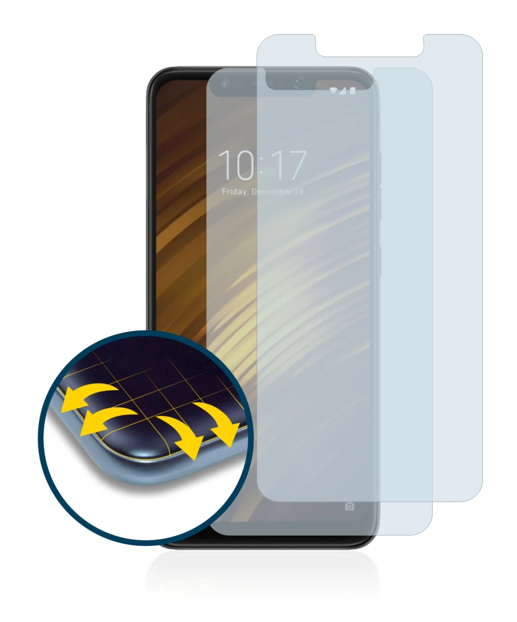 Abbildung des Geräts Xiaomi Pocophone F1 mit einer Vielzahl des Displayschutzes.