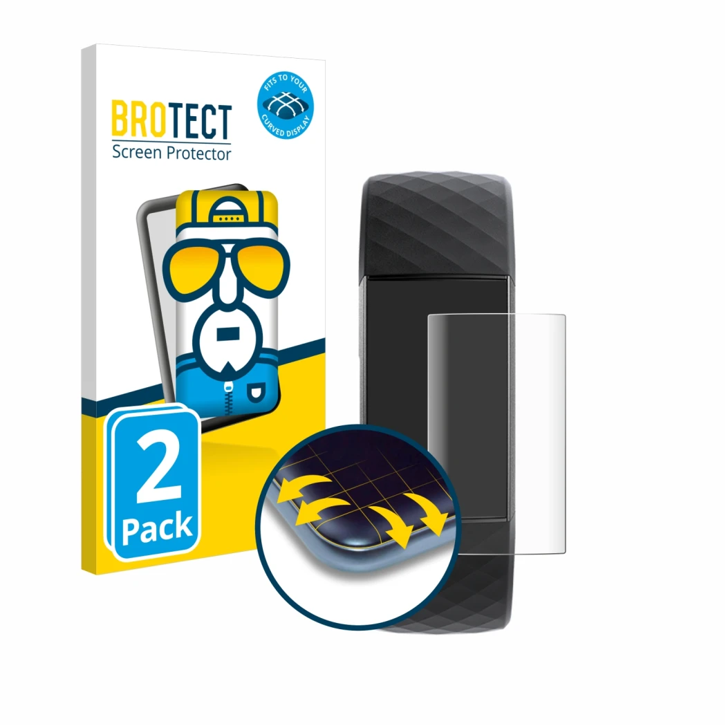 Vorderseite einer Produktverpackung mit dem Markenlogo BROTECT. Daneben ist das Gerät Fitbit Charge 3 mit dem zugehörigen Disp