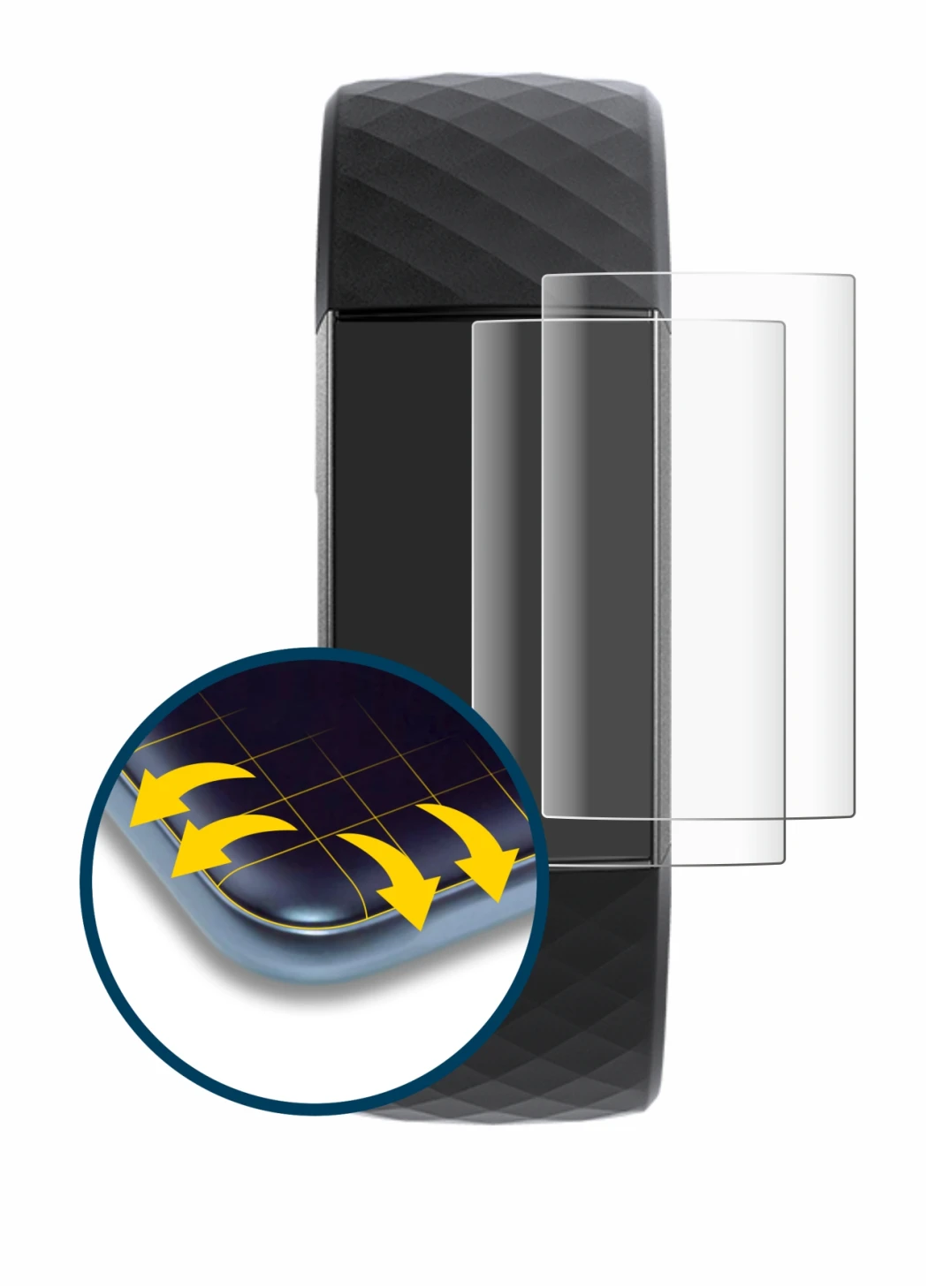 Abbildung des Geräts Fitbit Charge 3 mit einer Vielzahl des Displayschutzes.