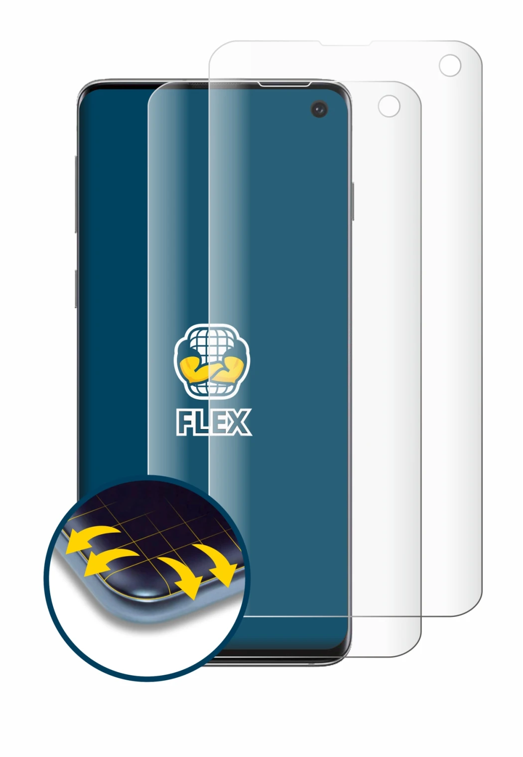 Abbildung des Geräts Samsung Galaxy S10 mit einer Vielzahl des Displayschutzes.