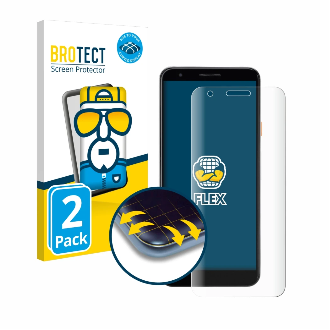 Vorderseite einer Produktverpackung mit dem Markenlogo BROTECT. Daneben ist das Gerät Google Pixel 3a mit dem zugehörigen Disp