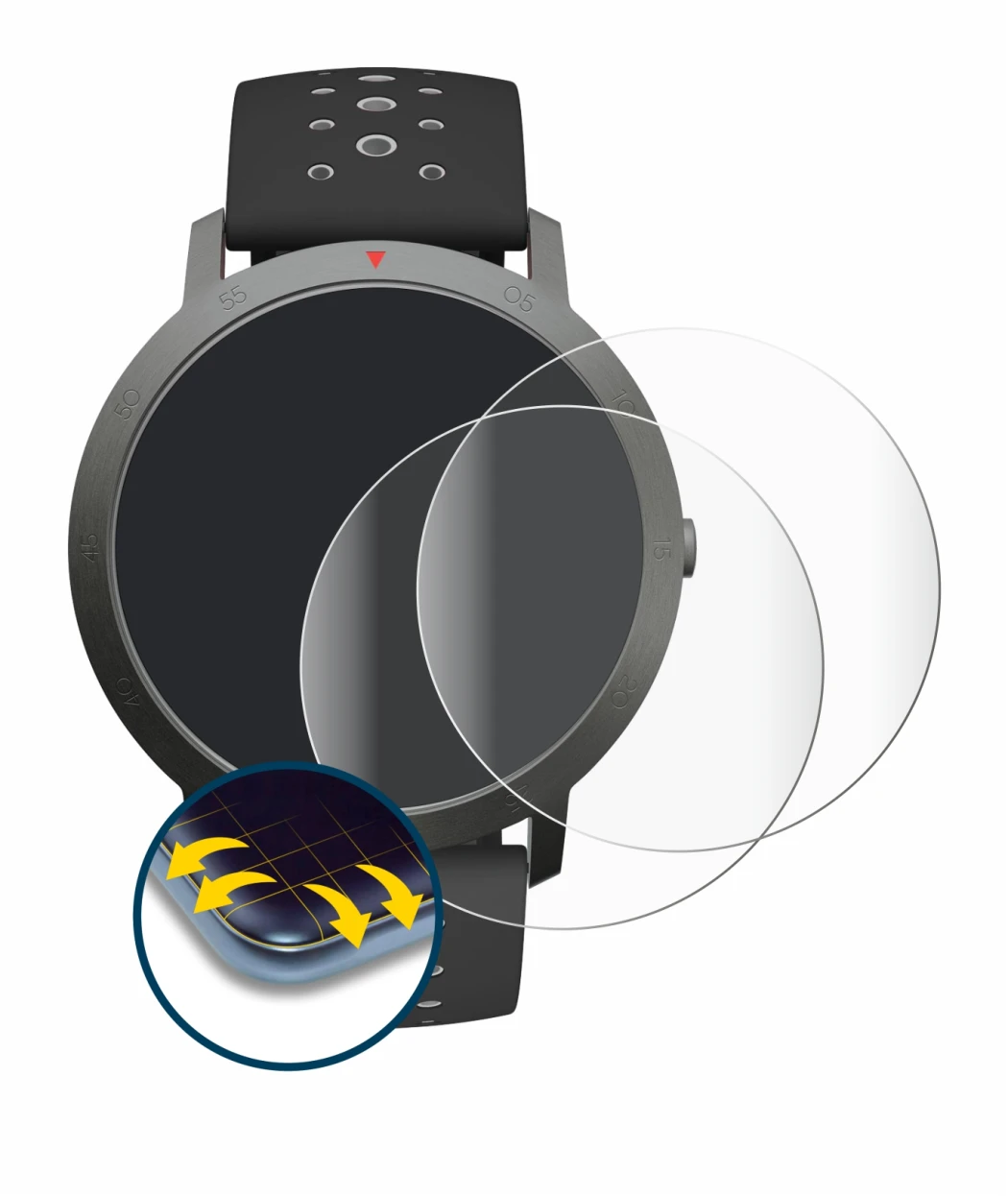 Abbildung des Geräts Withings Steel HR Sport (40 mm) mit einer Vielzahl des Displayschutzes.