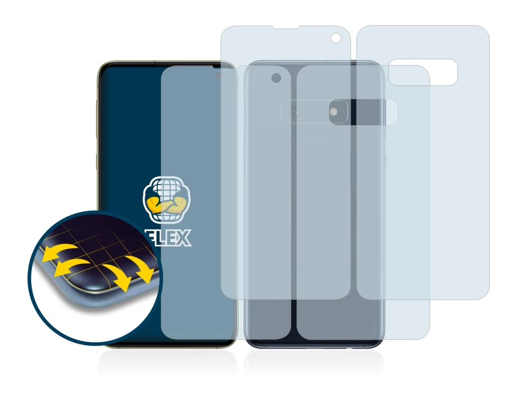 Abbildung des Geräts Samsung Galaxy S10e (Display+Rückseite) mit einer Vielzahl des Displayschutzes.