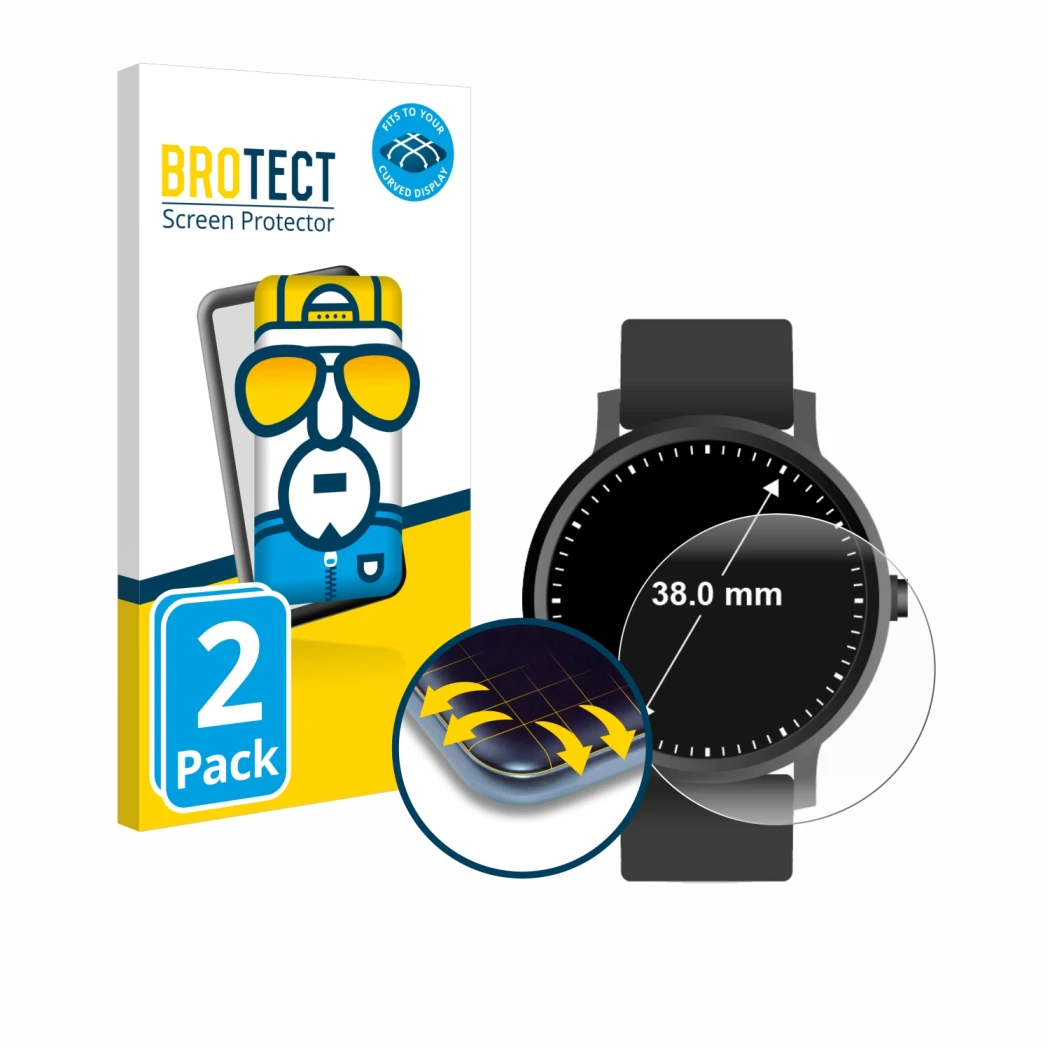 Vorderseite einer Produktverpackung mit dem Markenlogo BROTECT. Daneben ist das Gerät Kreisrunde Displays (ø: 38 mm) mit dem z