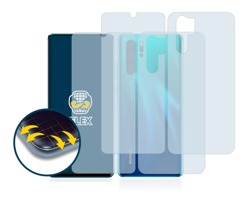 Abbildung des Geräts Huawei P30 Pro (Display+Rückseite) mit einer Vielzahl des Displayschutzes.