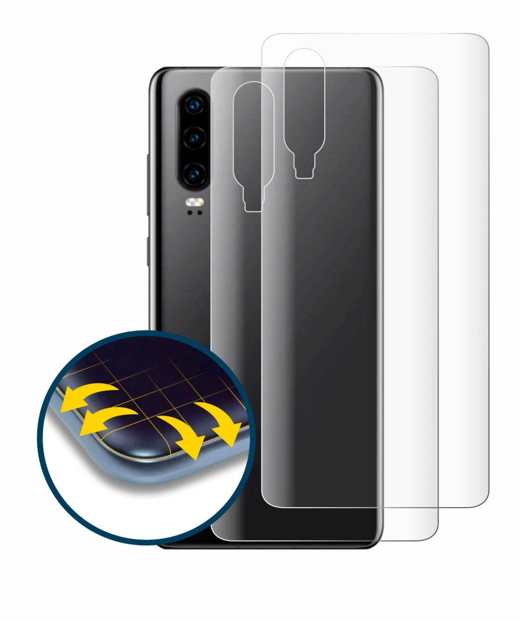 Abbildung des Geräts Huawei P30 (Rückseite) mit einer Vielzahl des Displayschutzes.