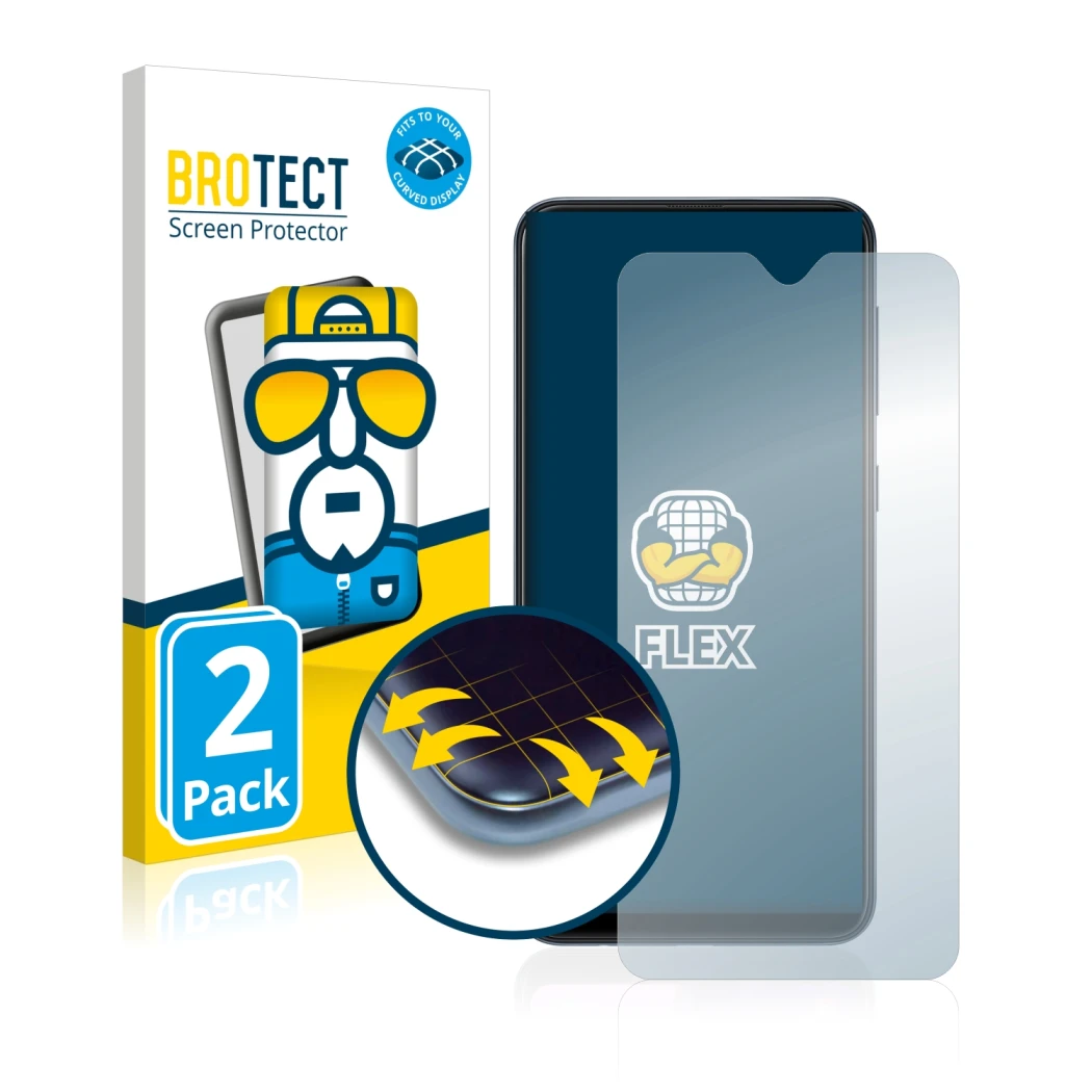 Vorderseite einer Produktverpackung mit dem Markenlogo BROTECT. Daneben ist das Gerät Samsung Galaxy A10 mit dem zugehörigen D