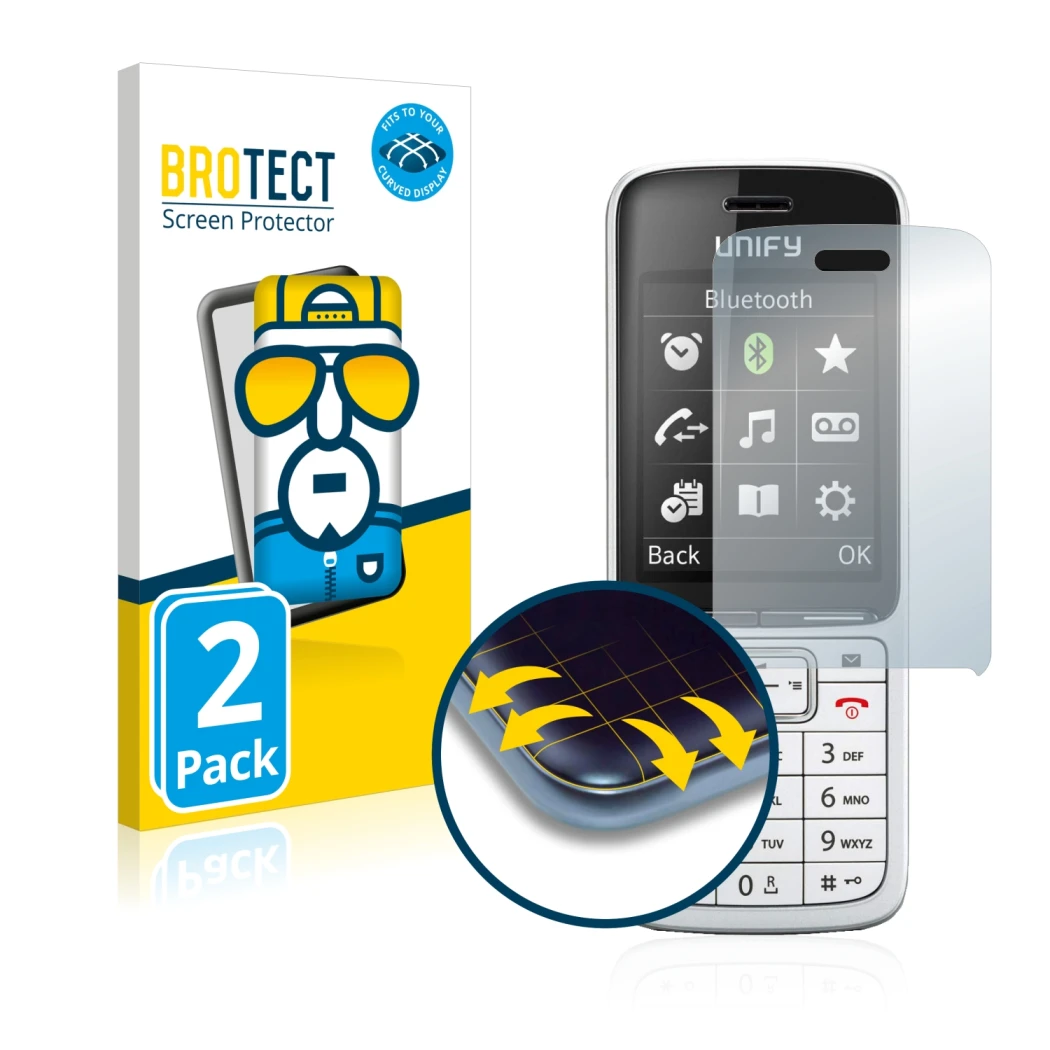 Vorderseite einer Produktverpackung mit dem Markenlogo BROTECT. Daneben ist das Gerät Unify OpenScape DECT Phone SL5 mit dem z