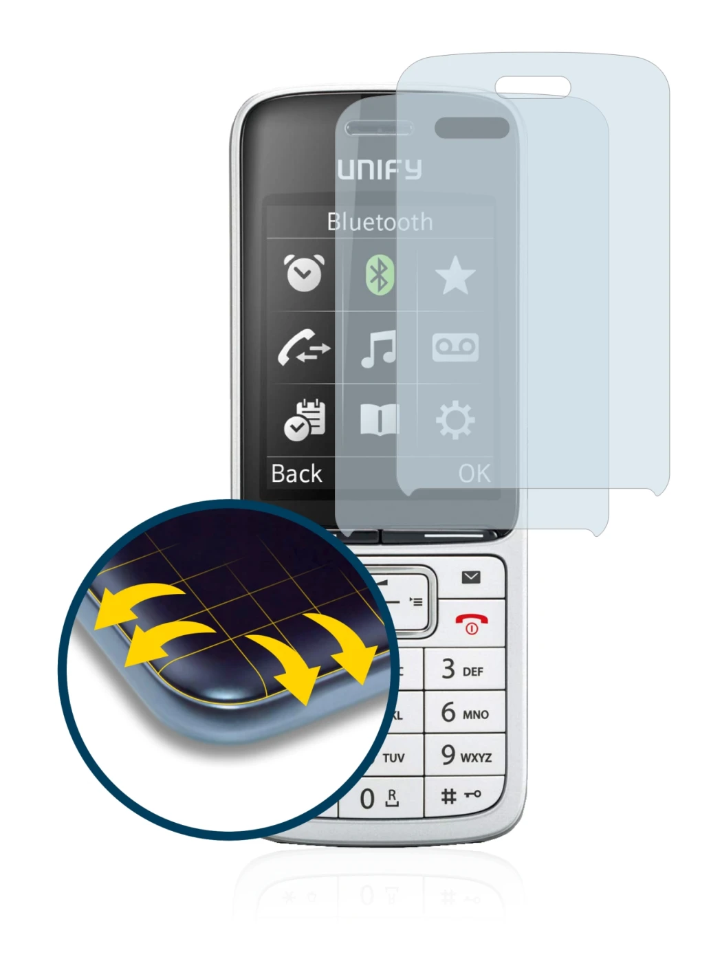 Abbildung des Geräts Unify OpenScape DECT Phone SL5 mit einer Vielzahl des Displayschutzes.