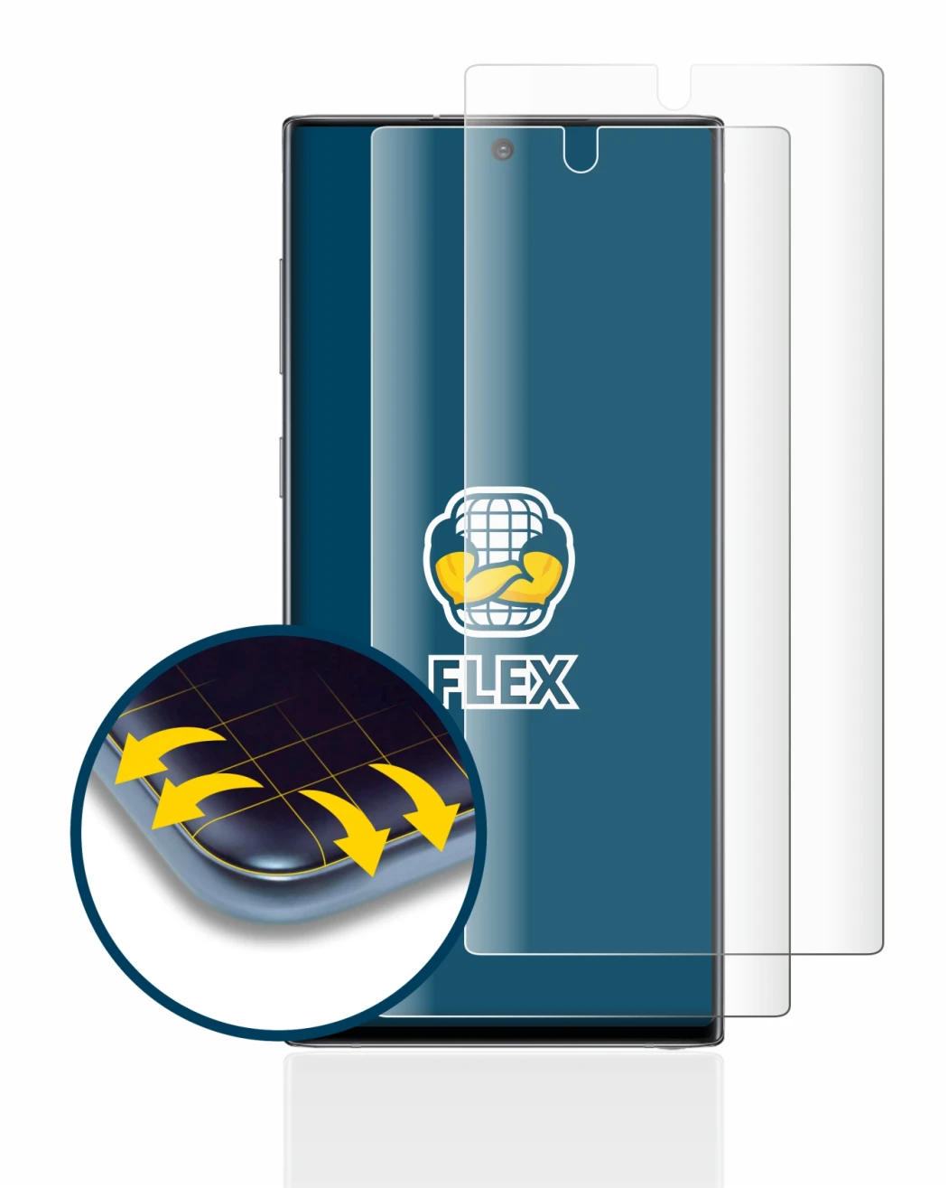 Abbildung des Geräts Samsung Galaxy Note 10 mit einer Vielzahl des Displayschutzes.