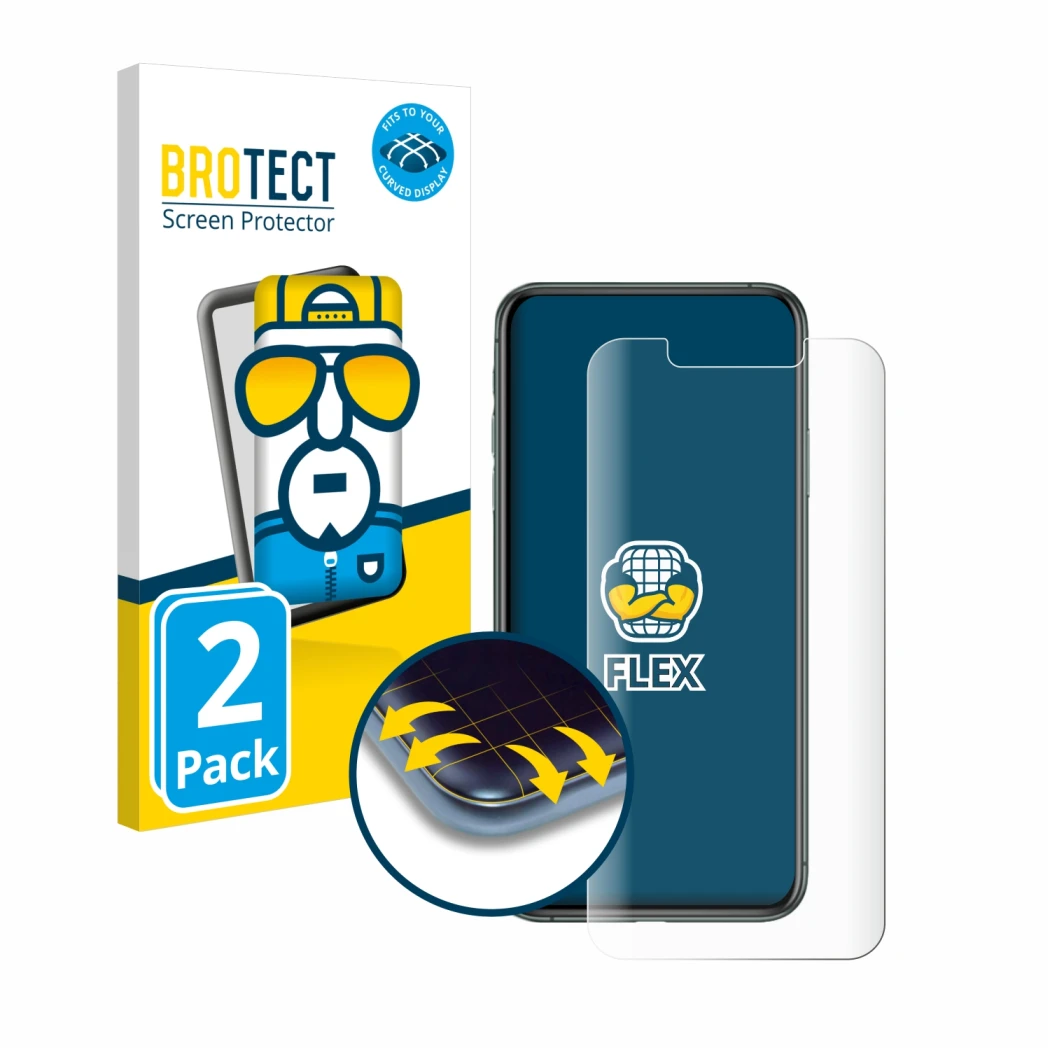 Vorderseite einer Produktverpackung mit dem Markenlogo BROTECT. Daneben ist das Gerät Apple iPhone 11 Pro Max mit dem zugehöri