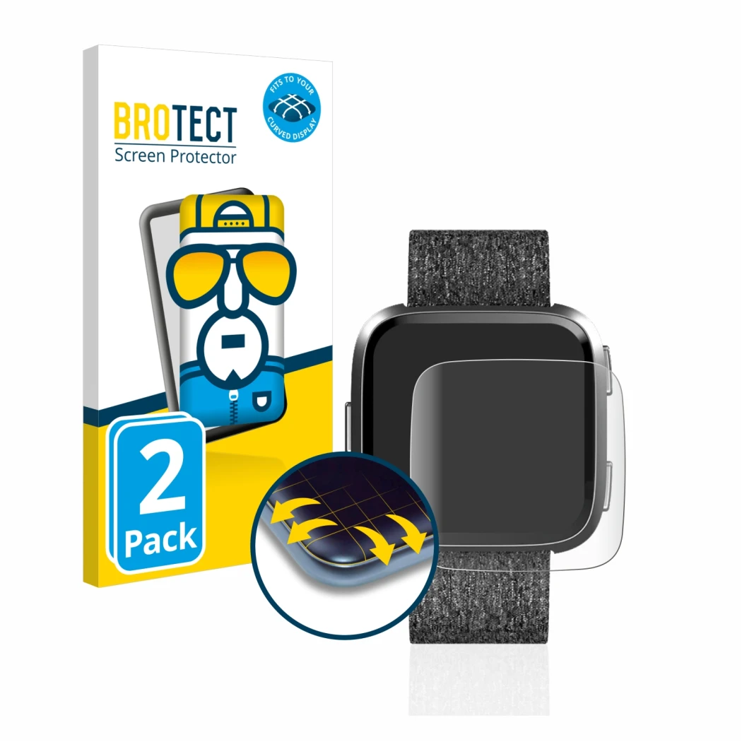Vorderseite einer Produktverpackung mit dem Markenlogo BROTECT. Daneben ist das Gerät Fitbit Versa Special Edition mit dem zug