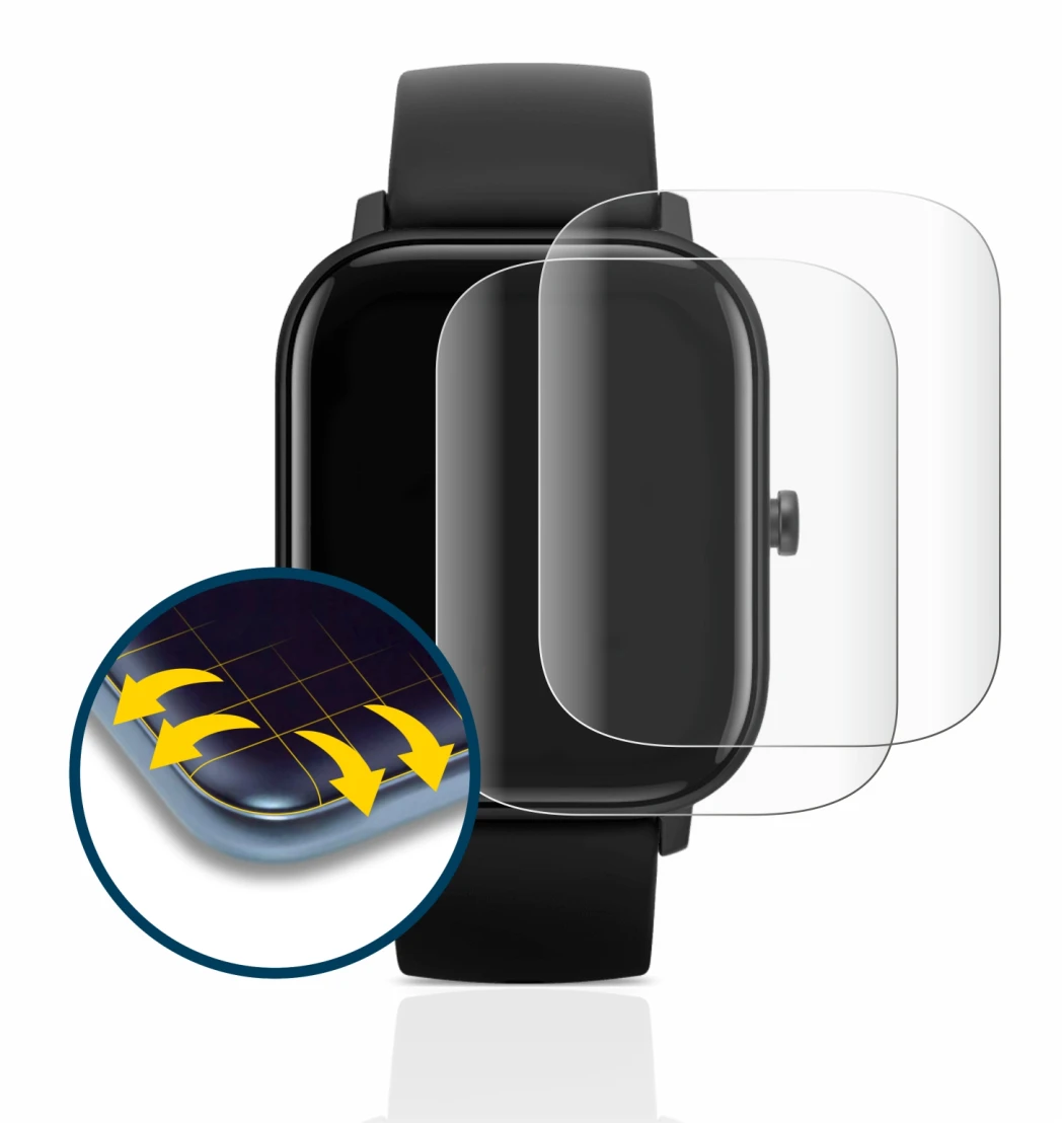 Abbildung des Geräts Huami Amazfit GTS mit einer Vielzahl des Displayschutzes.