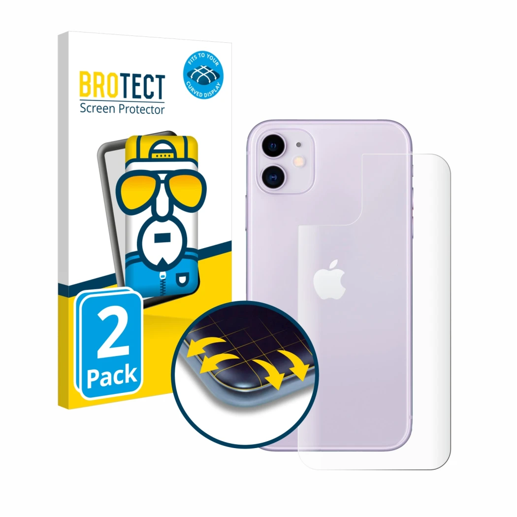 Vorderseite einer Produktverpackung mit dem Markenlogo BROTECT. Daneben ist das Gerät Apple iPhone 11 (Rückseite) mit dem zuge