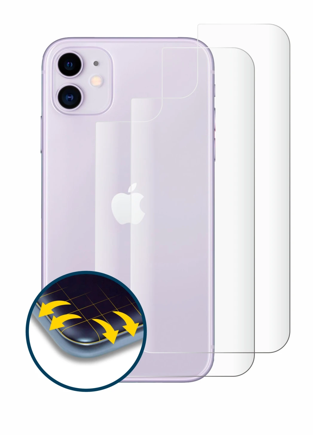 Abbildung des Geräts Apple iPhone 11 (Rückseite) mit einer Vielzahl des Displayschutzes.