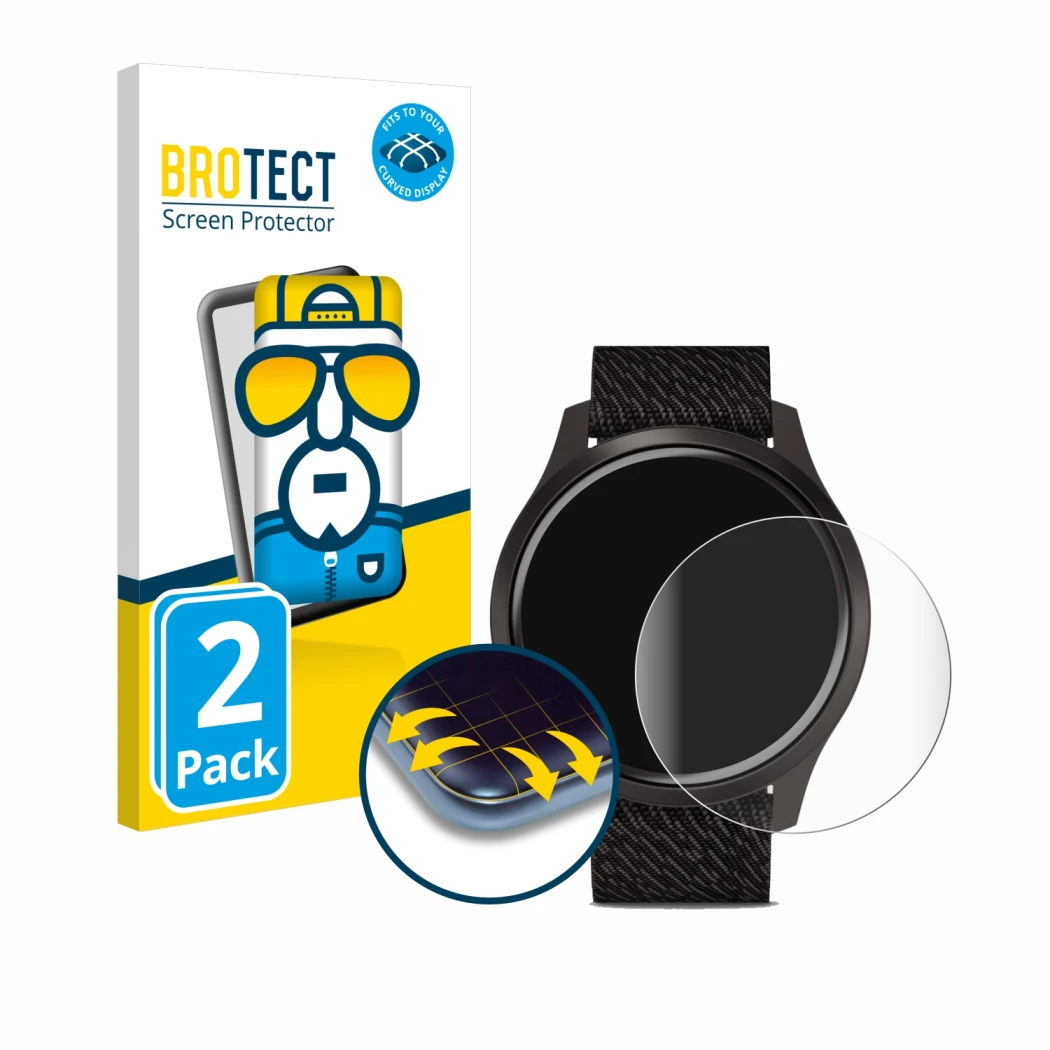 Vorderseite einer Produktverpackung mit dem Markenlogo BROTECT. Daneben ist das Gerät Garmin vivomove Style (42 mm) mit dem zu