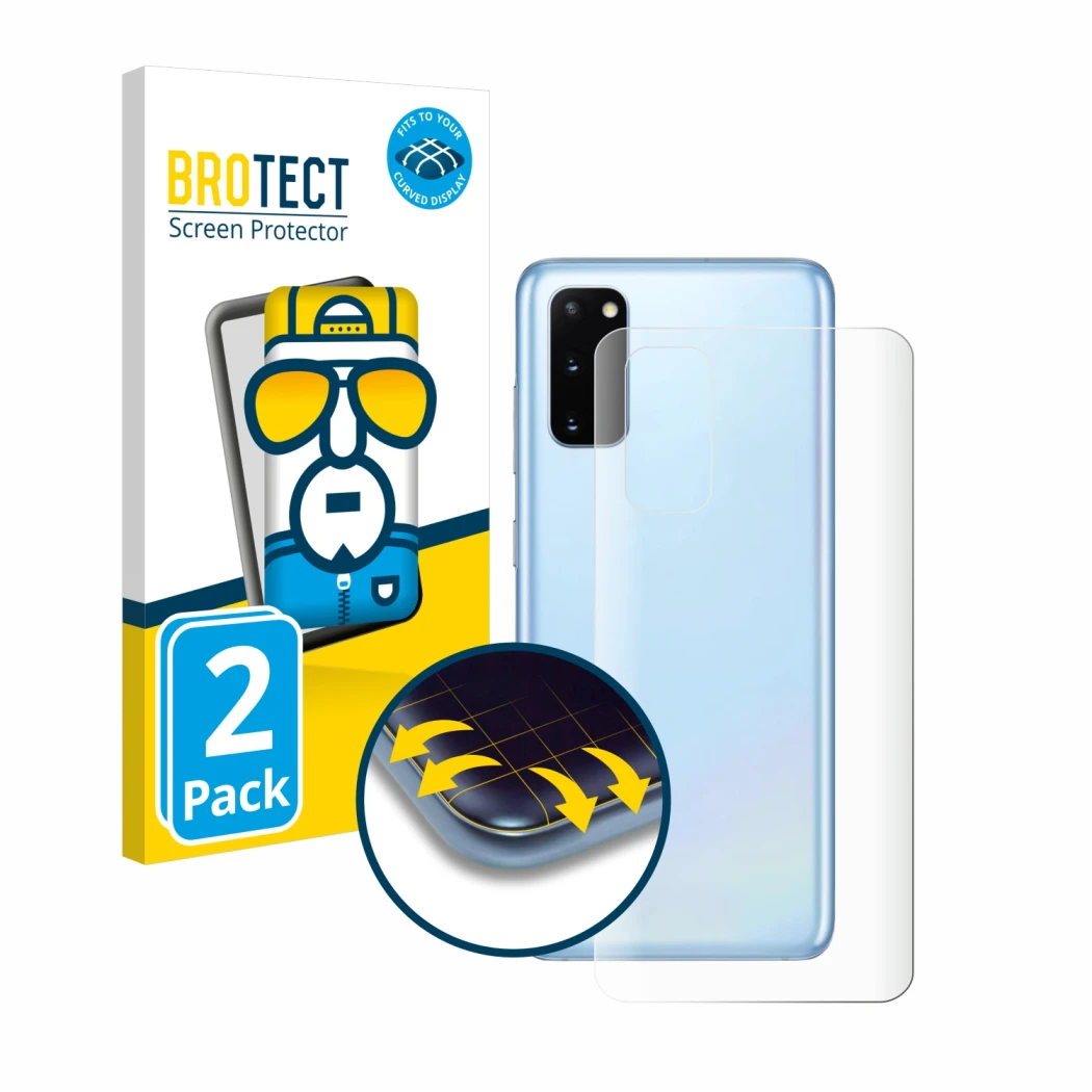 Vorderseite einer Produktverpackung mit dem Markenlogo BROTECT. Daneben ist das Gerät Samsung Galaxy S20 (Rückseite) mit dem z
