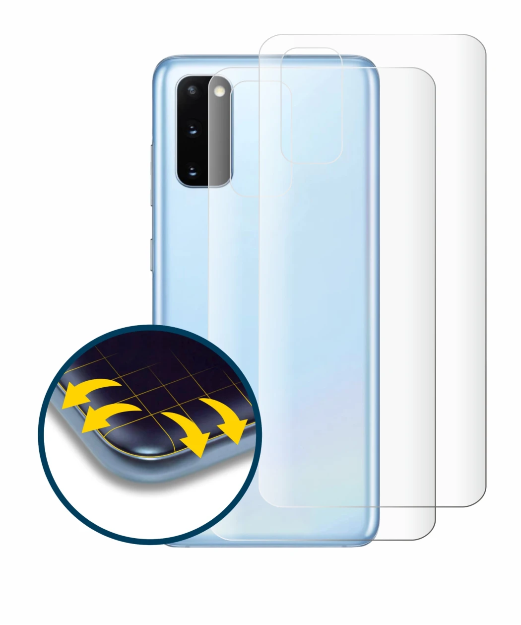 Abbildung des Geräts Samsung Galaxy S20 (Rückseite) mit einer Vielzahl des Displayschutzes.
