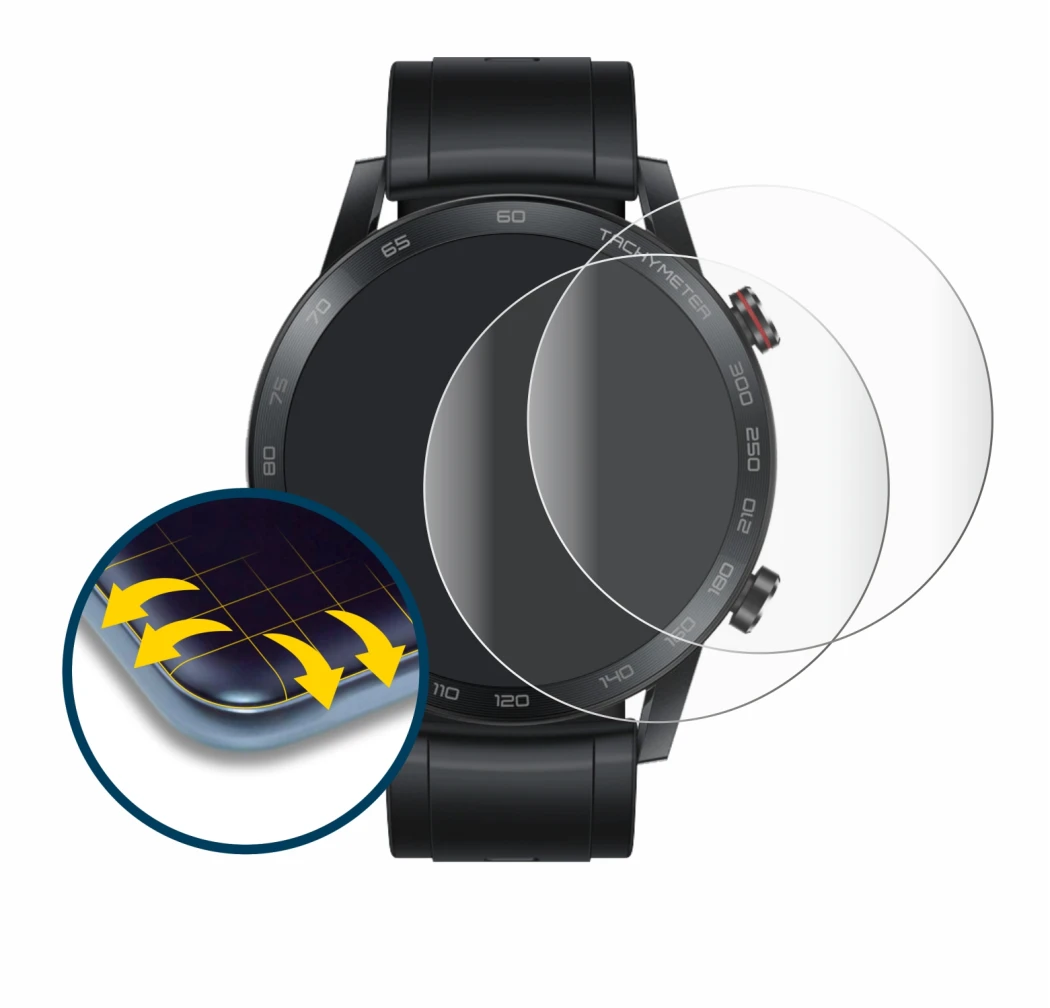 Abbildung des Geräts Honor Watch Magic 2 (46 mm) mit einer Vielzahl des Displayschutzes.