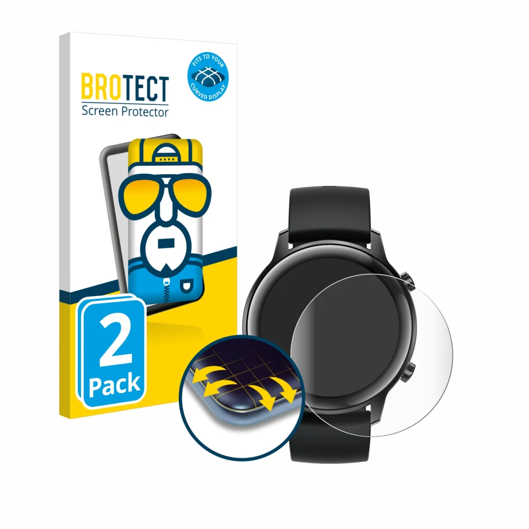 Vorderseite einer Produktverpackung mit dem Markenlogo BROTECT. Daneben ist das Gerät Honor Watch Magic 2 (42 mm) mit dem zuge