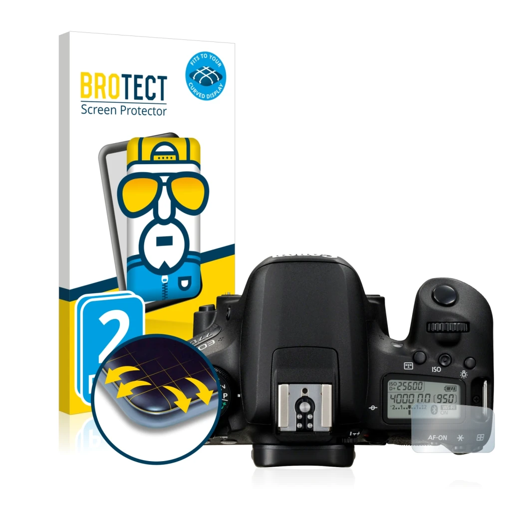 Vorderseite einer Produktverpackung mit dem Markenlogo BROTECT. Daneben ist das Gerät Canon EOS 77D (Schulterdisplay) mit dem