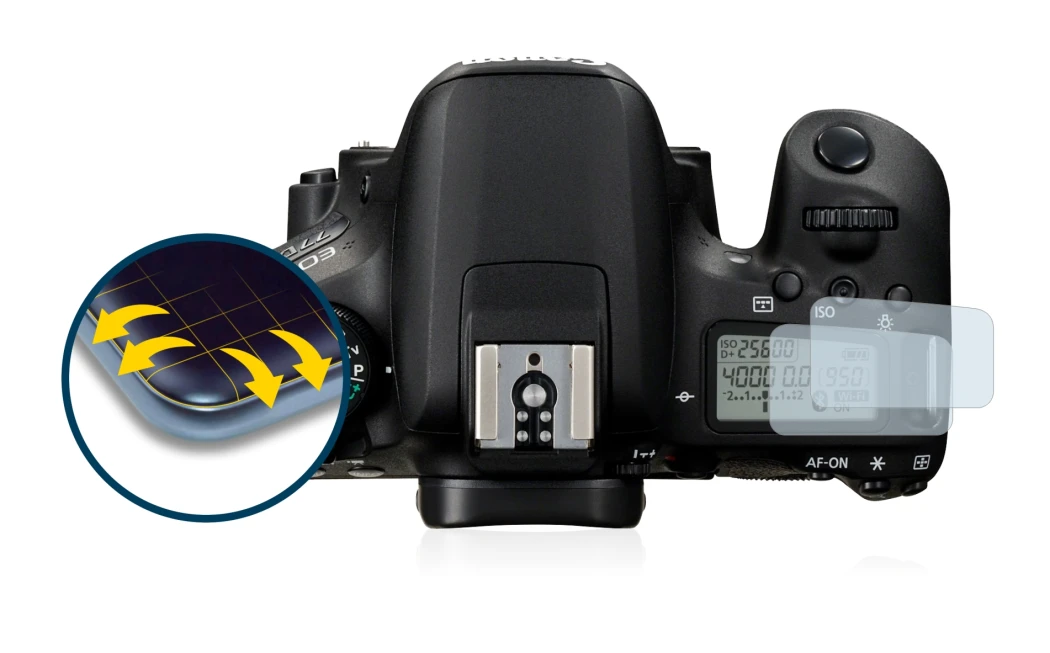 Abbildung des Geräts Canon EOS 77D (Schulterdisplay) mit einer Vielzahl des Displayschutzes.