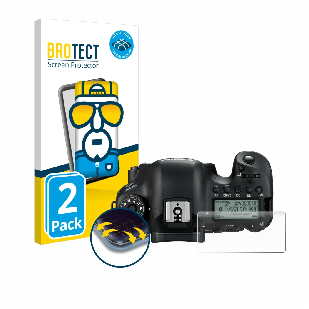 Vorderseite einer Produktverpackung mit dem Markenlogo BROTECT. Daneben ist das Gerät Canon EOS 6D (Schulterdisplay) mit dem z