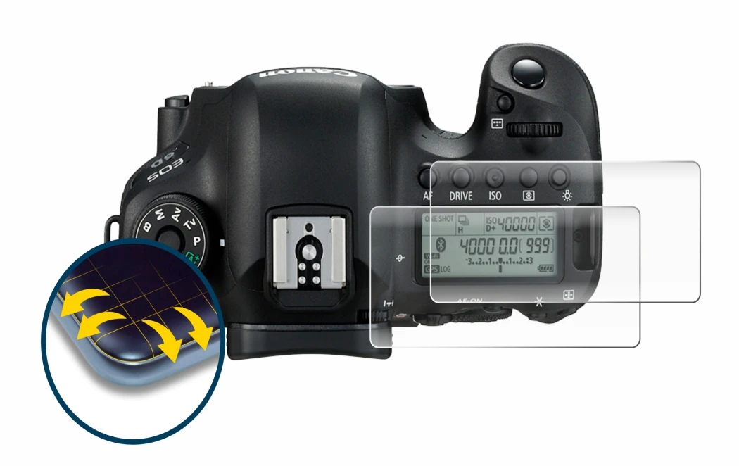 Abbildung des Geräts Canon EOS 6D (Schulterdisplay) mit einer Vielzahl des Displayschutzes.