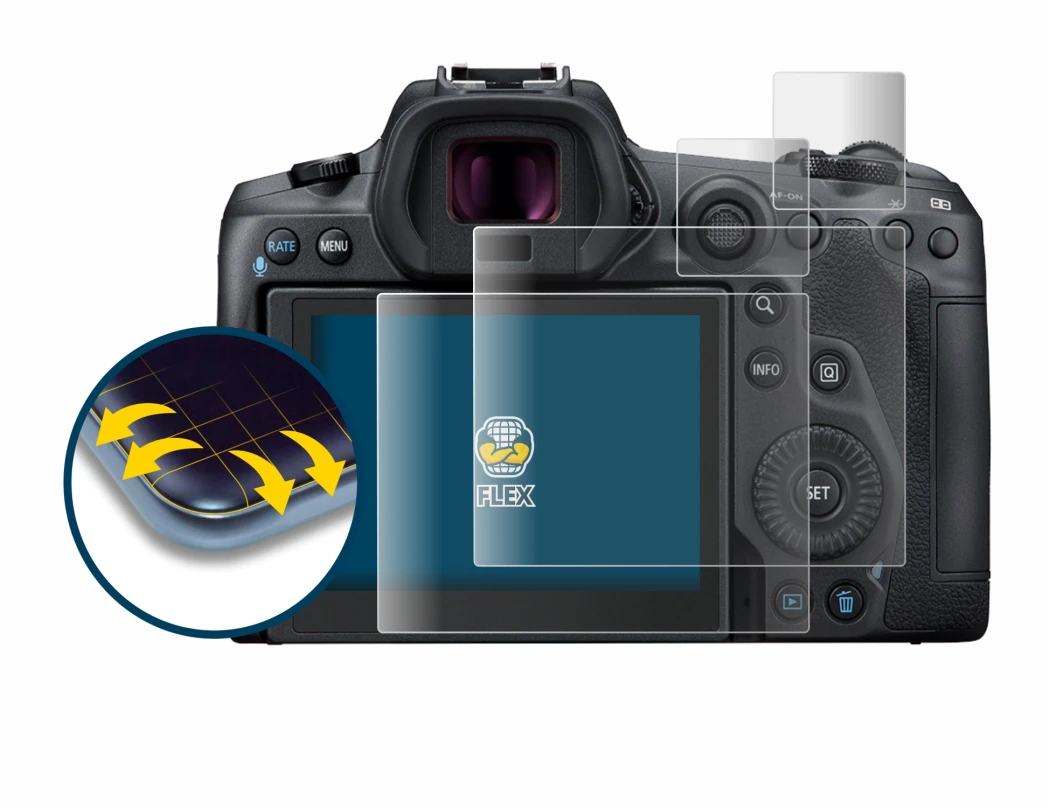 Abbildung des Geräts Canon EOS R5 mit einer Vielzahl des Displayschutzes.