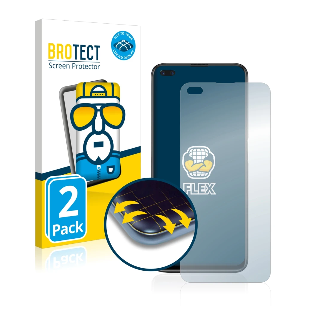Vorderseite einer Produktverpackung mit dem Markenlogo BROTECT. Daneben ist das Gerät realme 6 Pro mit dem zugehörigen Display