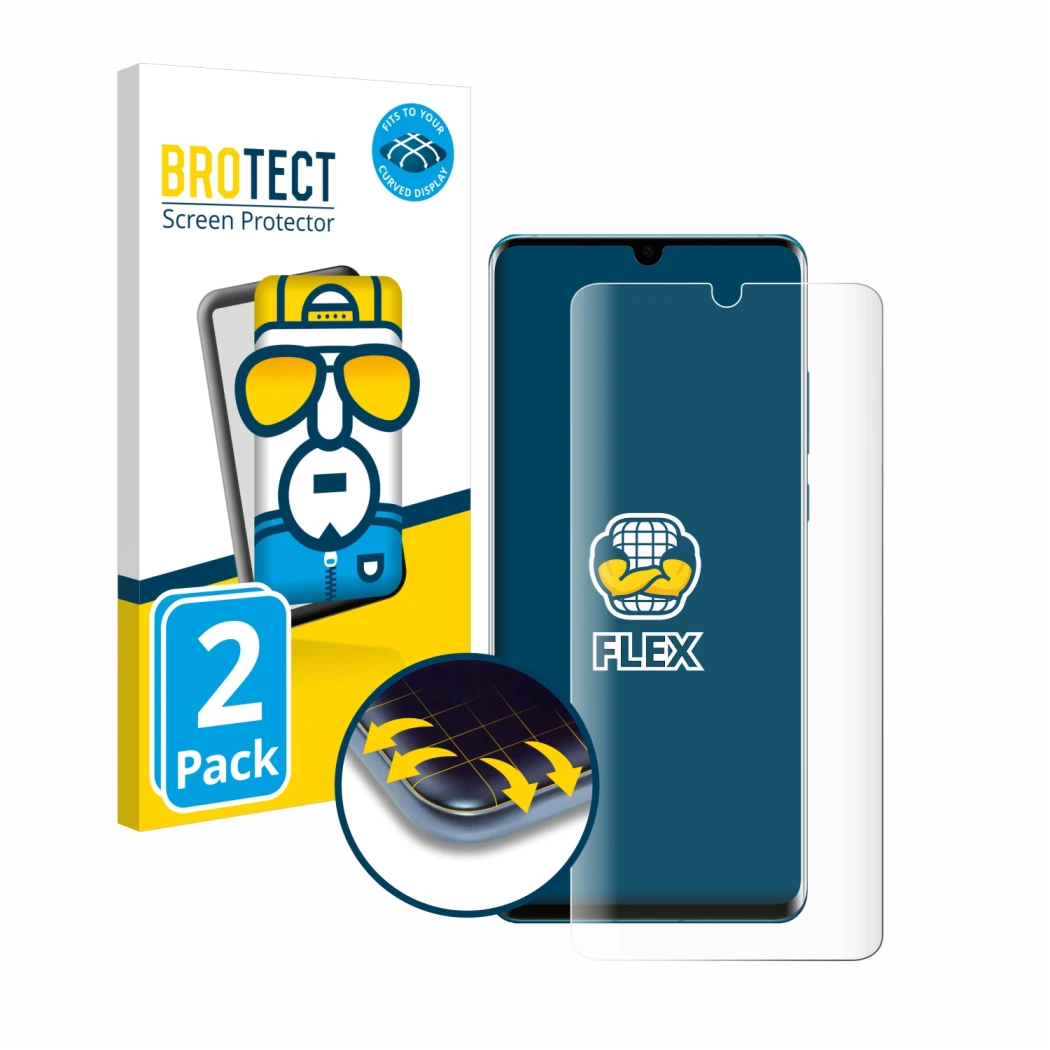 Vorderseite einer Produktverpackung mit dem Markenlogo BROTECT. Daneben ist das Gerät Huawei P30 Pro New Edition mit dem zugeh