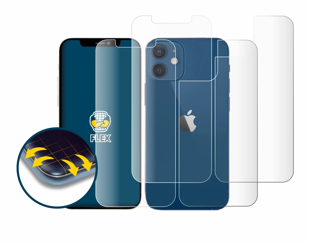 Abbildung des Geräts Apple iPhone 12 (Display+Rückseite) mit einer Vielzahl des Displayschutzes.