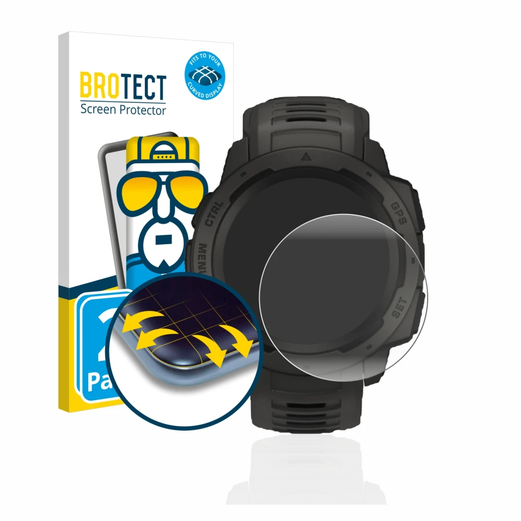 Vorderseite einer Produktverpackung mit dem Markenlogo BROTECT. Daneben ist das Gerät Garmin Instinct Solar mit dem zugehörige
