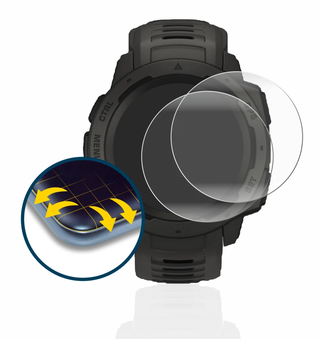 Abbildung des Geräts Garmin Instinct Solar mit einer Vielzahl des Displayschutzes.