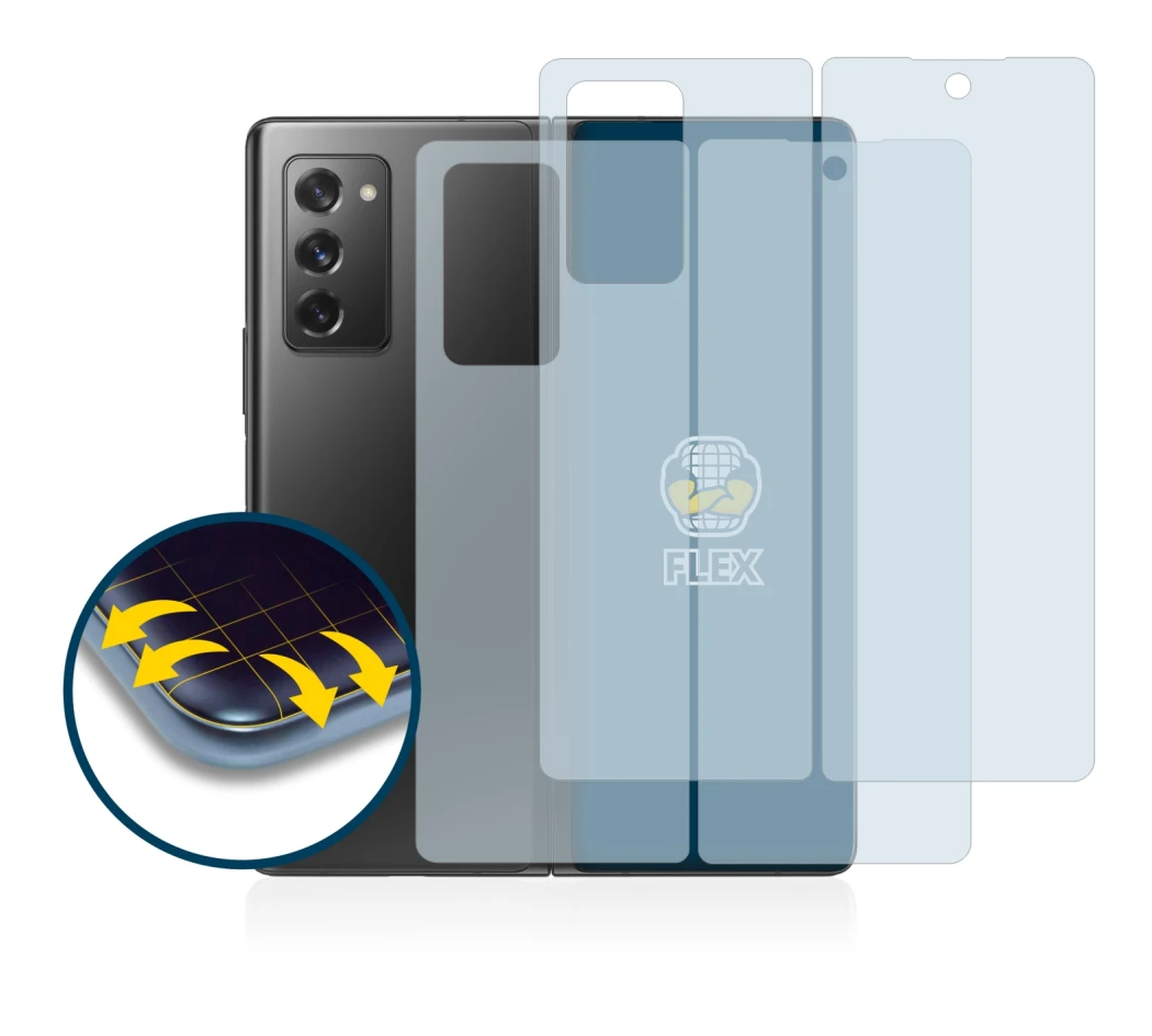 Abbildung des Geräts Samsung Galaxy Z Fold 2 5G (Display+Rückseite) mit einer Vielzahl des Displayschutzes.