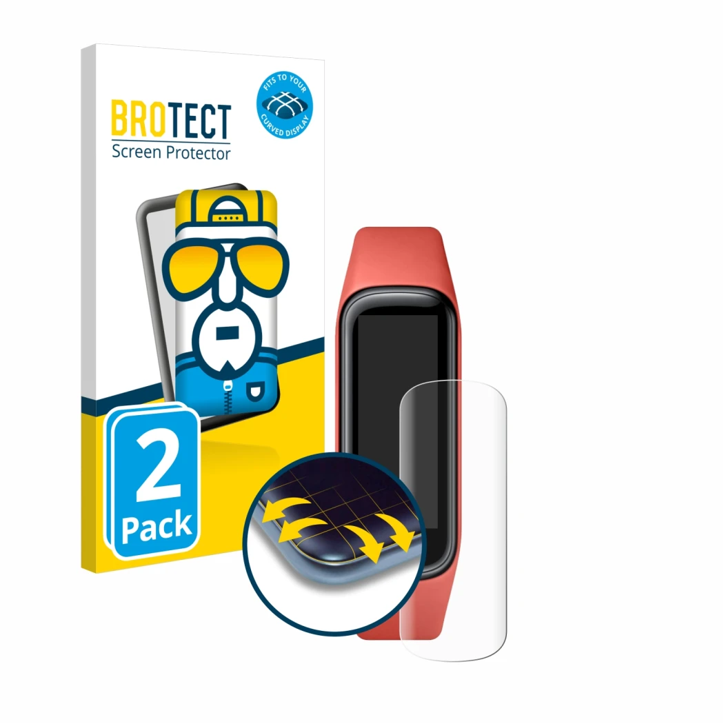 Vorderseite einer Produktverpackung mit dem Markenlogo BROTECT. Daneben ist das Gerät Samsung Galaxy Fit2 mit dem zugehörigen 