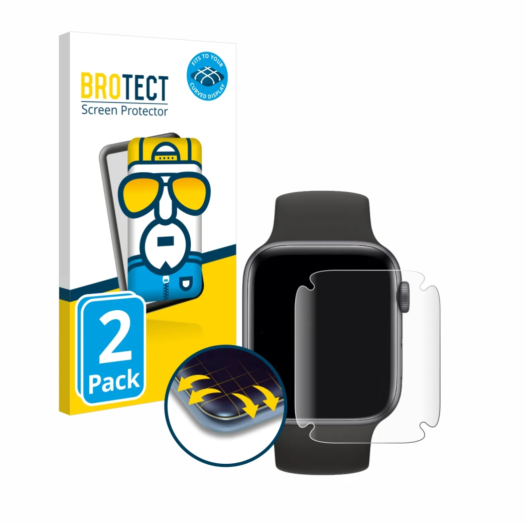 Vorderseite einer Produktverpackung mit dem Markenlogo BROTECT. Daneben ist das Gerät Apple Watch SE (44 mm) mit dem zugehörig